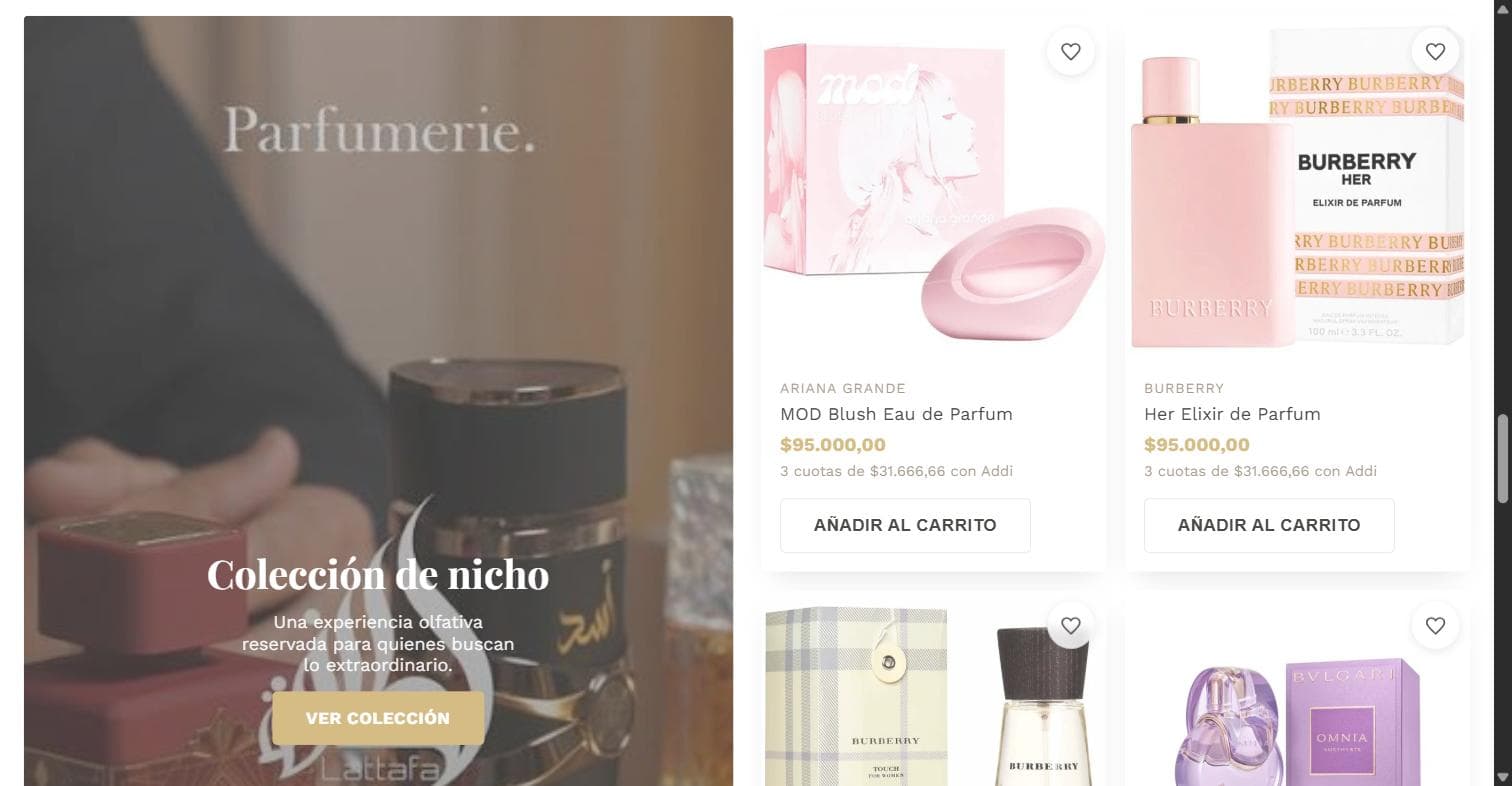 Grilla de productos de la colección de nicho con perfumes de Ariana Grande y Burberry, cada uno con marca, nombre, precio y botón de añadir al carrito.