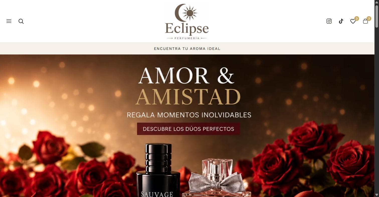 Portada de Eclipse Perfumería con la campaña de Amor y Amistad: dos perfumes sobre un fondo de rosas rojas y el botón Descubre los dúos perfectos.