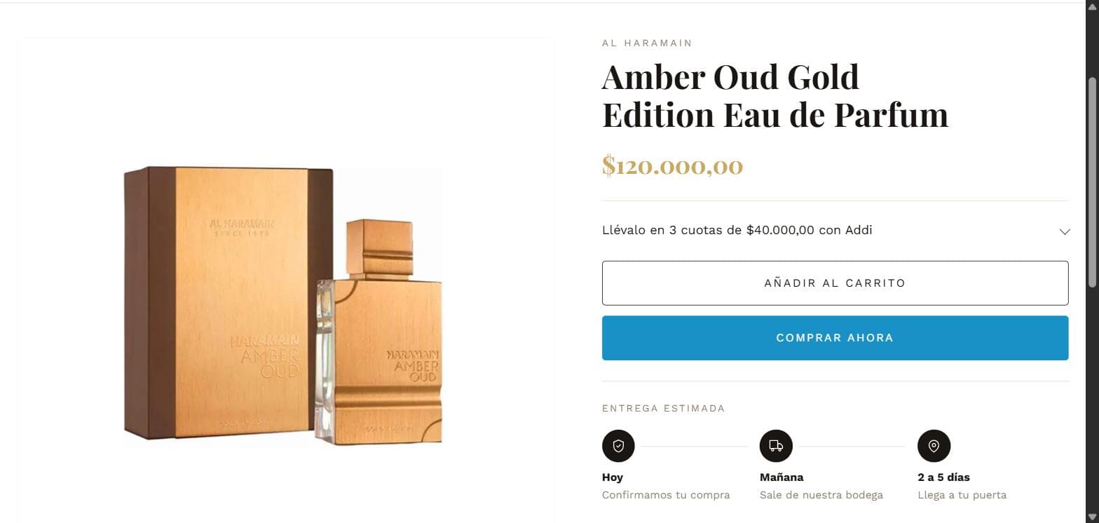 Ficha del perfume Amber Oud Gold Edition en Eclipse Perfumería: foto del frasco con su estuche, precio de $120.000, la opción de pagarlo en 3 cuotas con Addi y una línea de tiempo de entrega de tres pasos.