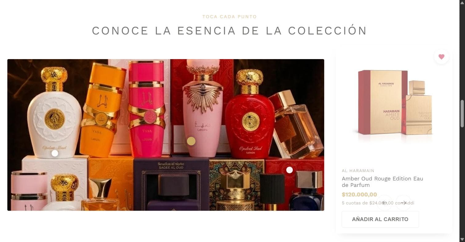 Sección Conoce la esencia de la colección: una foto de varios frascos de perfume con puntos blancos encima; al tocar un punto aparece a la derecha la tarjeta del producto con precio y botón de añadir al carrito.